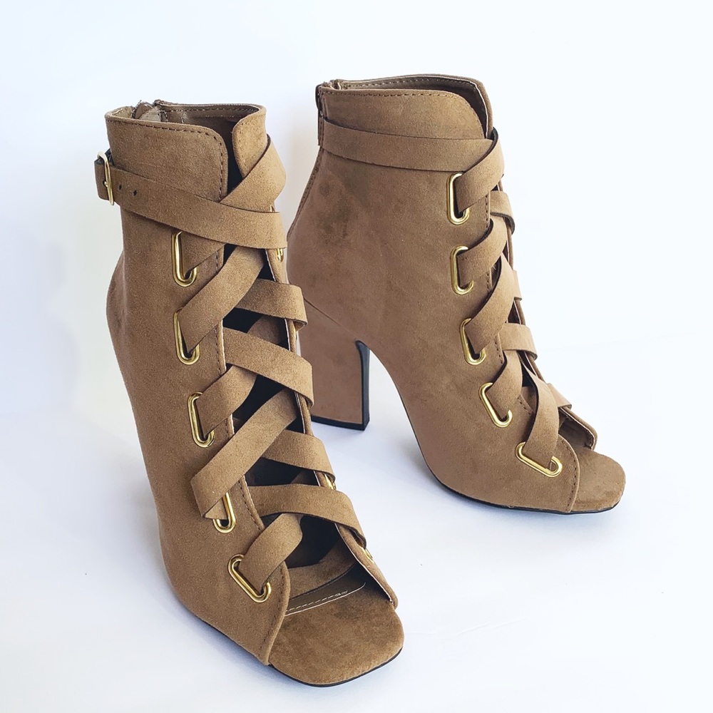 Taupe lace up block heel peep toe booties Size 10 - Picture 2 of 7